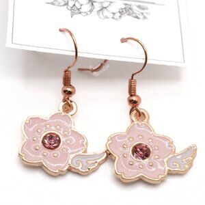 Handmade Rosegold-tone Pave Anime Winged Sakura Blossom Flower Earrings, New